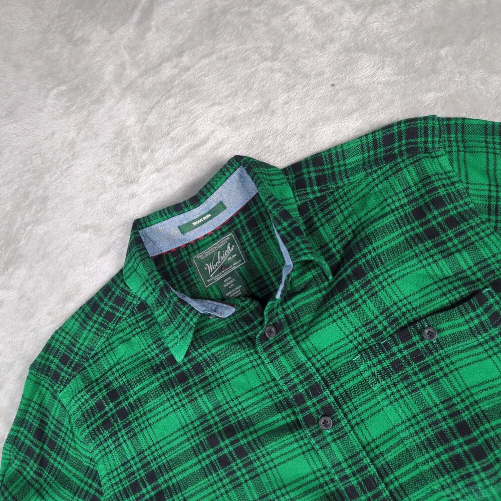 Woolrich Trout Run Flannel Shirt Mens Large Green Black Plaid Heavy Cotton Top L
